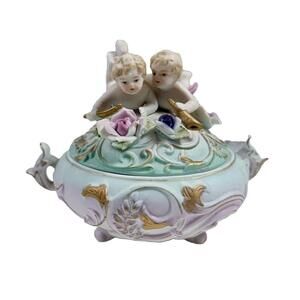 ❤️SOLD❤️Vintage Norleans Covered Footed Trinket Japan Cherubs Angels Green1950s